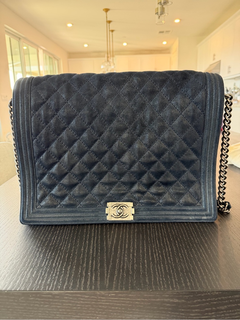 Chanel Quilted leather Boy Bag in Navy Blue with Silver Hardware
